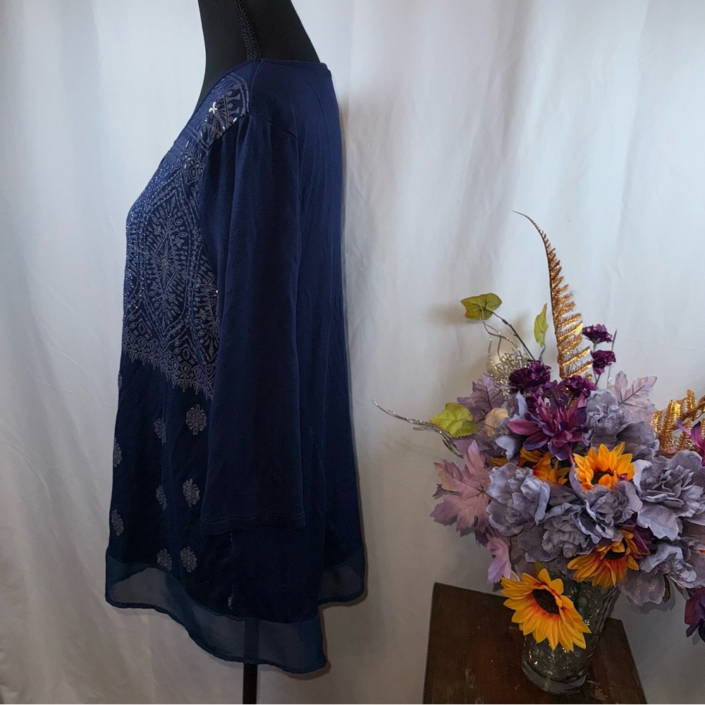 French Blue PXL Boho Embellished Navy Tunic Sheer Hem Long Sleeve - Picture 3 of 8
